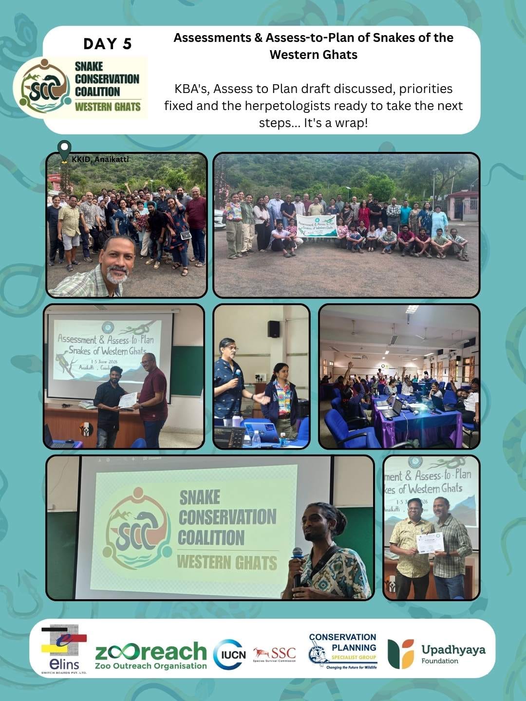 Unveiling the new SCC-WG logo, the Assesment and Assess-to-Plan workshop on Snakes of the Western Ghats concluded with new energy. Big thanks to our supporters — Elins Switchboards, Upadhayaya Foundation, the Snake Conservation Coalition Committee, all the participants, volunteers, and KKID.